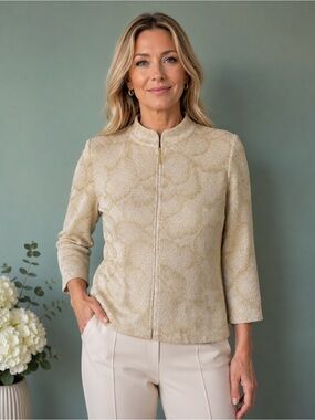 Rare! St. John Evening Metallic Studded Knit Zip Jacket Gold Floral Size 12